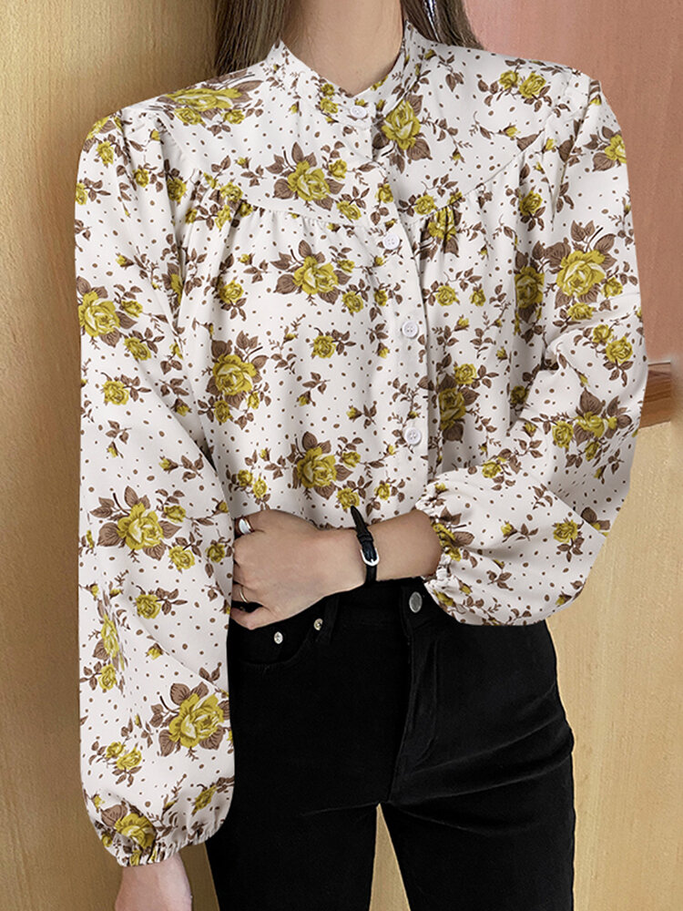 Floral Print Long Sleeve Stand Collar Blouse For Women