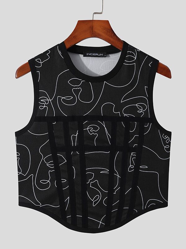 Men Graphic Abstract Print Curved Hem Cropped Tank Top