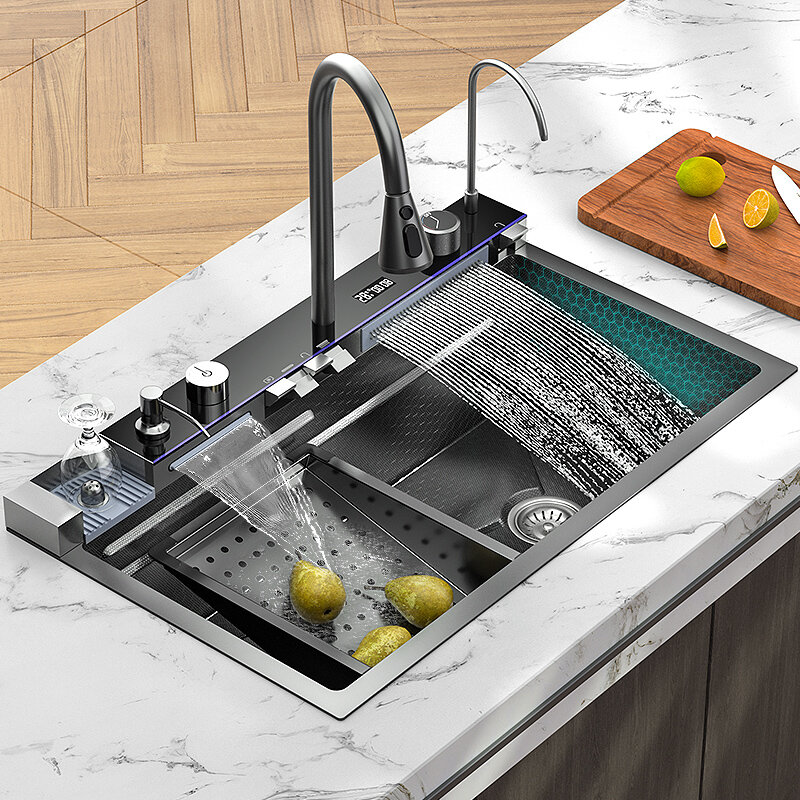

SUS 304 Stainless Steel Kitchen Sink Double Waterfall Single Slot Integrated Digital with Pull Down Sprayer Faucet / Tem