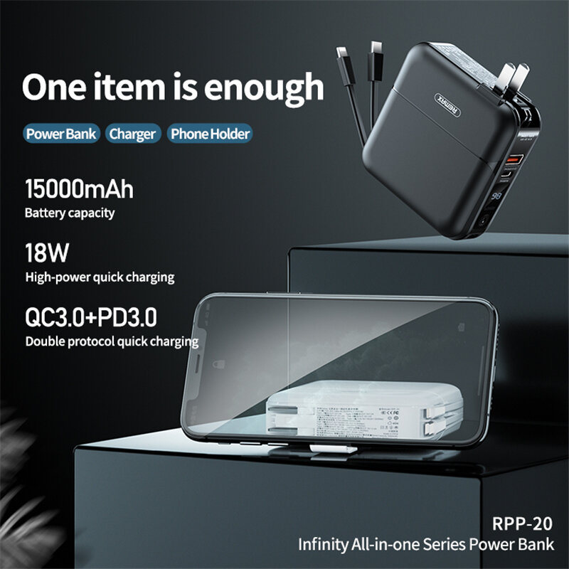 RPP-20 15000mAh PowerBank 18W PDUSプラグ充電器ホルダー外部バッテリー壁充電アダプター電源バンクケーブル付きiPhone12 Pro Max for Samsung Galaxy Note S20 ultra Huawei Mate 40 OnePlus 8