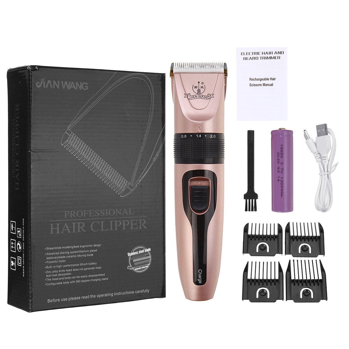 Professional Electric Hair Clipper Low Noise Rechargeable Hair Trimmer + 4 Limit Combs