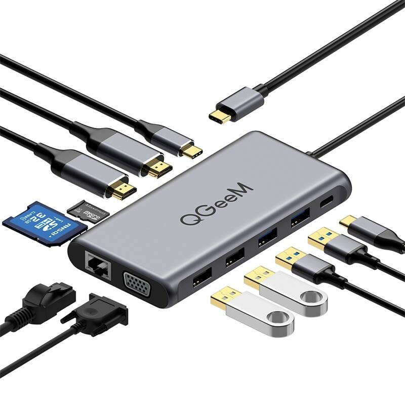 

QGeeM 12 In 1 Triple Display USB-C Hub Docking Station Adapter With 4K Dual HDMI Display / 1080P VGA / 100W USB-C PD3.0