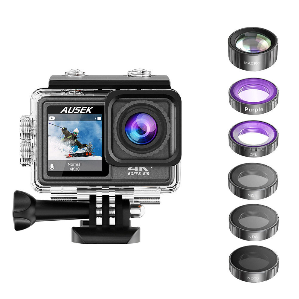 AUSEK AT-S81ER 24MP 4K 60fps Action Camera Vlog Video EIS 170? Wide Angle IPS Dual Screen 30M Waterp