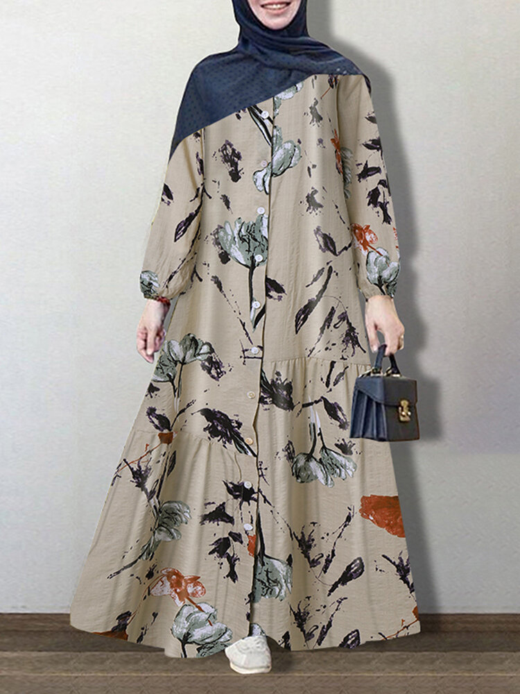 Dames vintage bloemenprint button-up kaftan maxi-jurken met lange mouwen