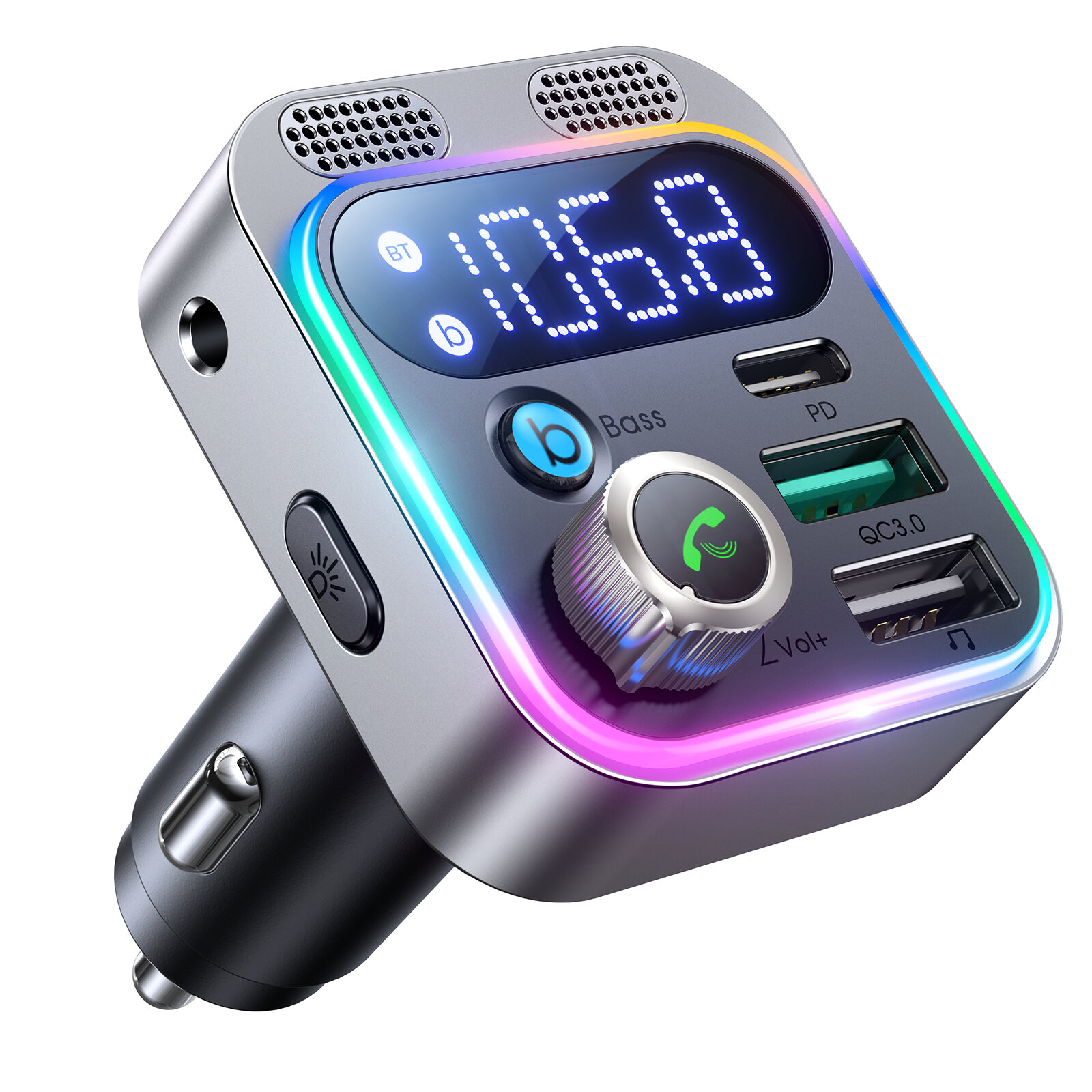 

48W Car bluetooth 5.0 Transmitter with Dual Mic LED Display QC3.0 PD PPS Fast Charger BASS Hi-Fi AUX Wireless Hands-Free