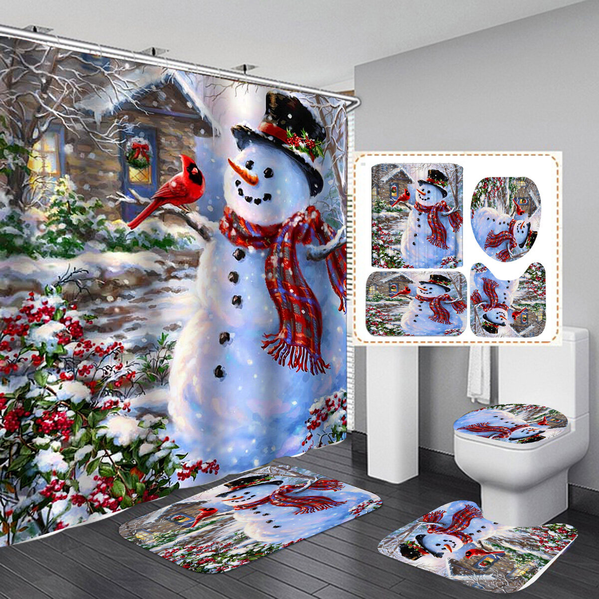 Kerstsneeuwman 3D Gedrukt Badkamer Gordijn Waterdicht Antislip Kerstsneeuwman Badmat Set