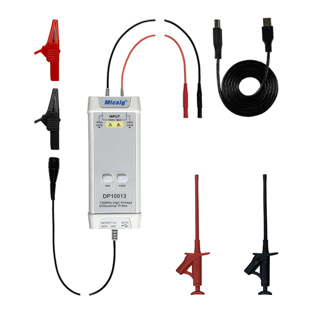 

Micsig Oscilloscope 1300V 100MHz High Voltage Differential Probe Kit 3.5ns Rise Time 50X/500X Attenuation Rate DP10013