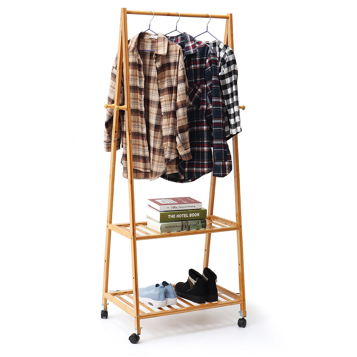 

Bamboo Clothes Garment Clothes Hanging Rack Display Coat Storage Shelf with Wheels
