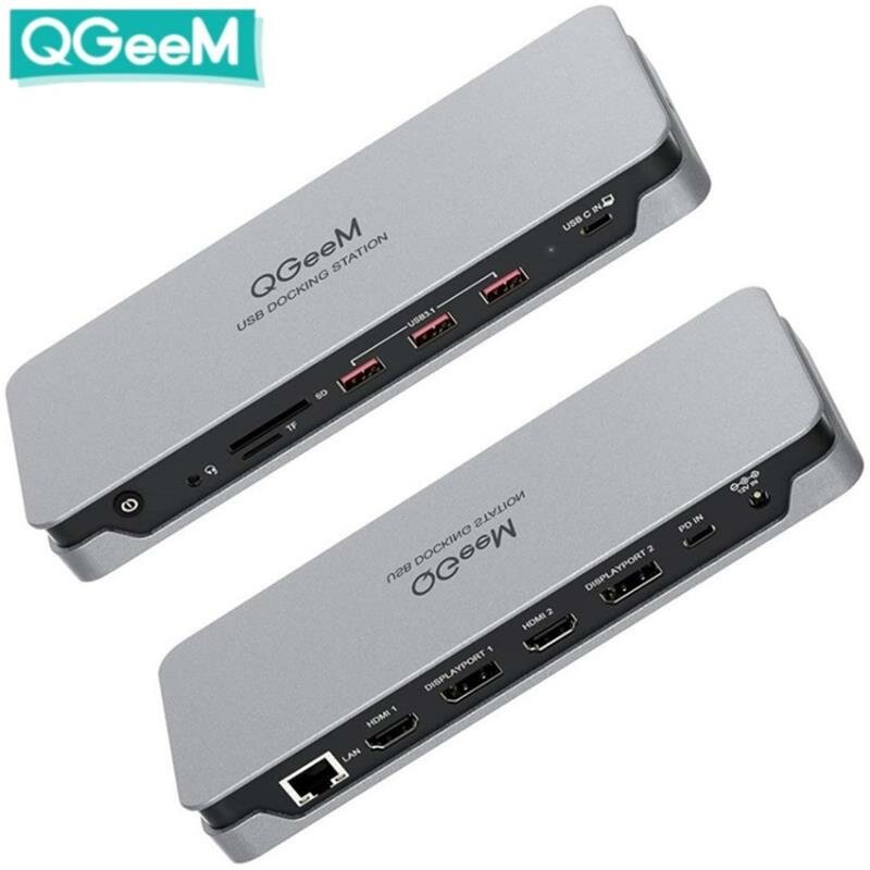 

Адаптер для док-станции HUB QGeeM 14-в-1 с 2 портами Дисплей/2 * HDMI / 3 * USB 3.1 / подача питания PD 100 Вт / Gigabit