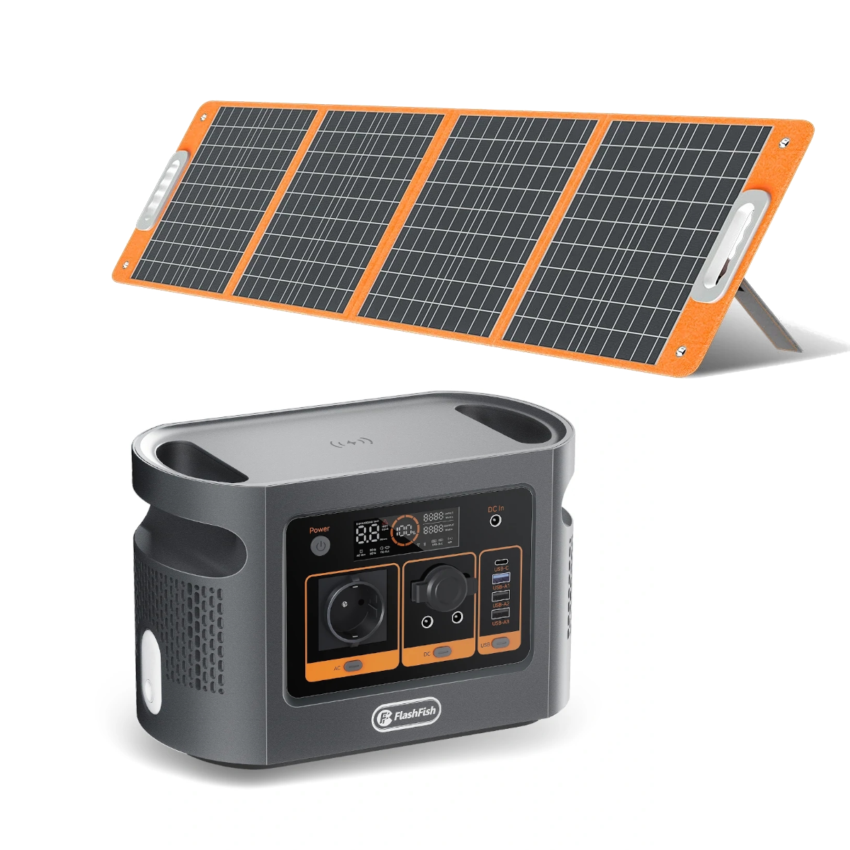 [UE Direct] FlashFish QE01D UPS 600W 448Wh Estação de energia portátil com bateria de lítio LiFePO4 de 1Pc TSP 18V 100W Painel solar dobrável, suporte de energia de backup para painéis solares, armazenamento de energia doméstica, gerador de energia para acampamento ao ar livre