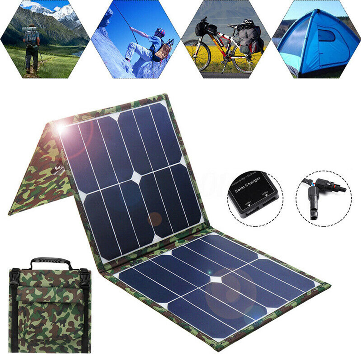 5V 60W plegable Solar Panel de carga Impermeable Alfombrilla eléctrica al aire libre cámping Viaje Solar Banco de energía