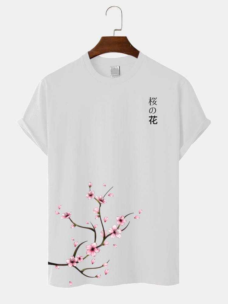 

Mens Cherry Blossoms Print Japanese Style Cotton Short Sleeve T-Shirts