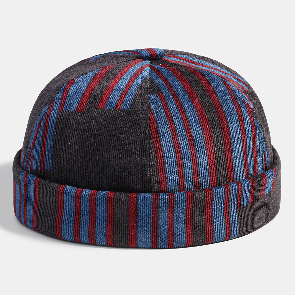 Collrown Men Corduroy Patchwork Color Patch And Stripe Pattern Casual Fashion Brimless Beanie Landlo