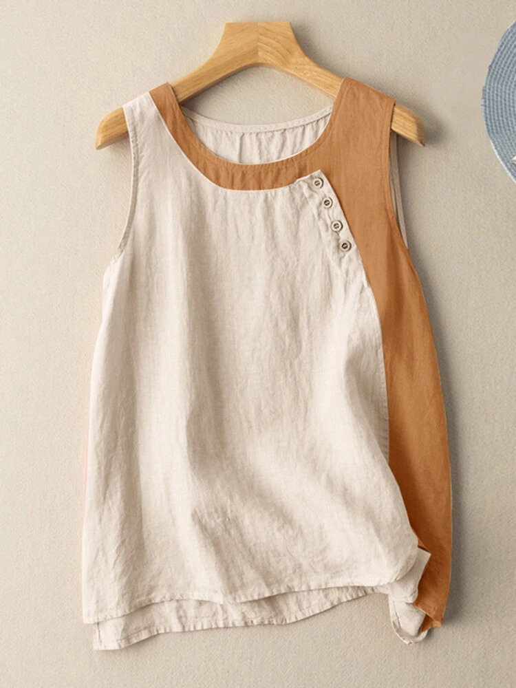 Contrasting color button sleeveless round neck casual cotton tank top