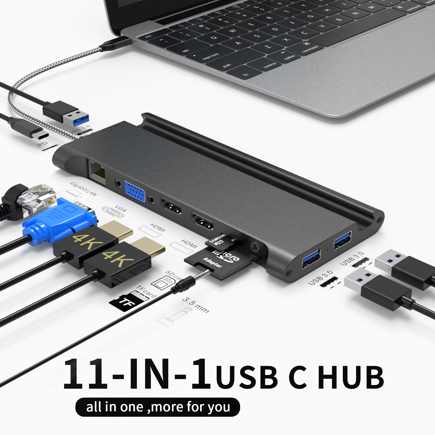 

Bakeey 11 In 1 Triple Display USB Type-C Hub Docking Station Adapter With Dual 4K HDMI Display / 1080P VGA / RJ45 Networ