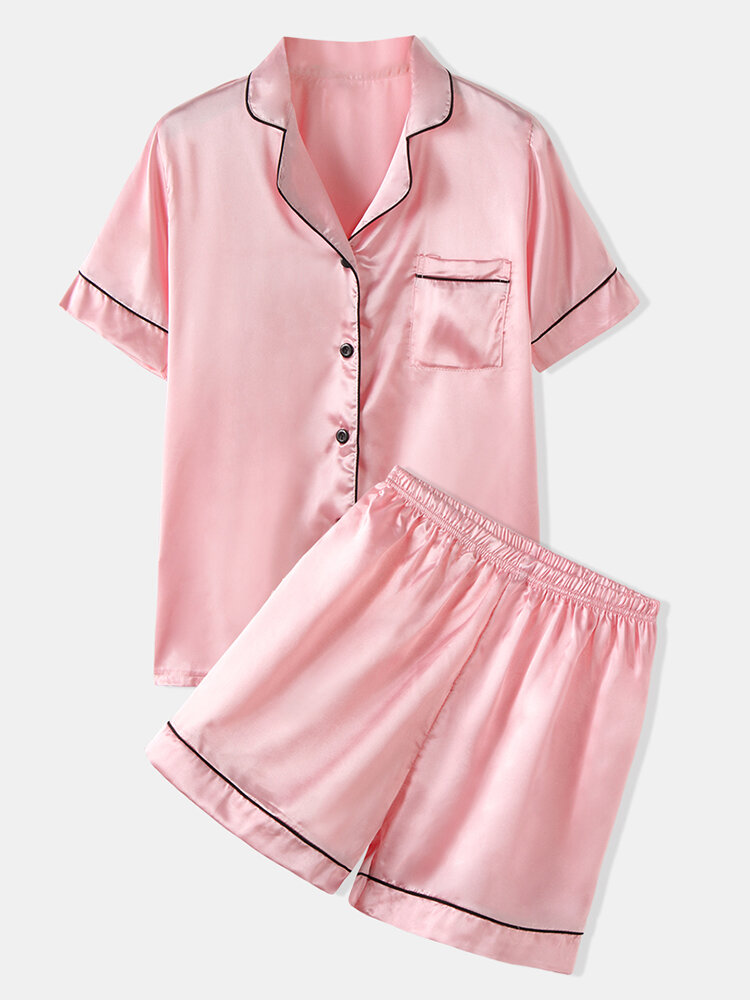 

Плюс размер Женское сплошной цвет Revere воротник гладкий домашний повседневный искусственный шелковый пижамный комплект