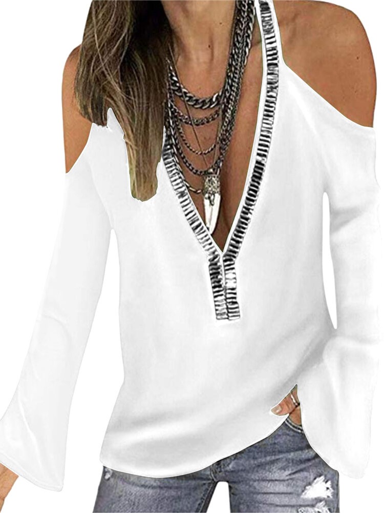 Women Halter Solid Color V-Neck Flare Sleeve Fashion Blouse