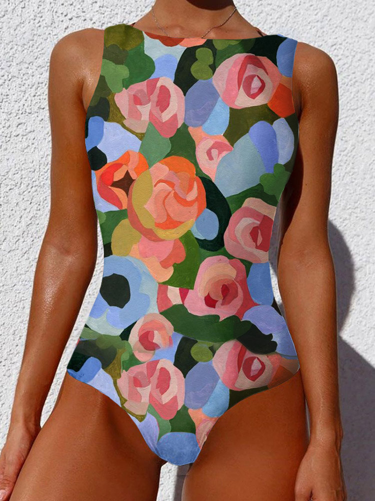 Summer Holiday Abstract Flower Print Sleeveless High Neck Swimsuits