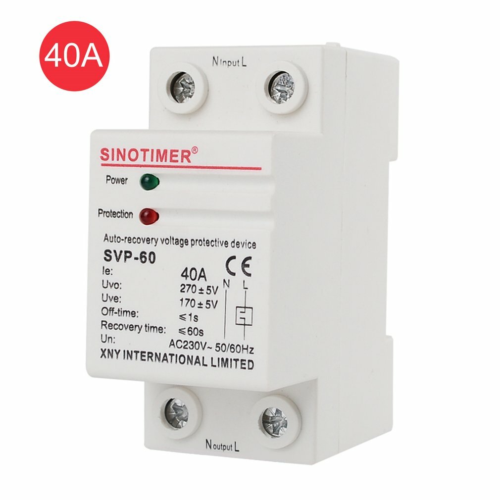 

SINOTIMER SVP-60 230V AC 40A Automatic Recovery Under Voltage Over Voltage Protector Relay Breaker Protective Device
