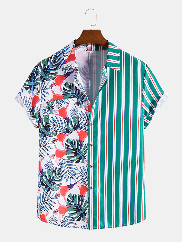 Men Striped & Plants Print Front Button Hem Cuff Soft Casual Shirts