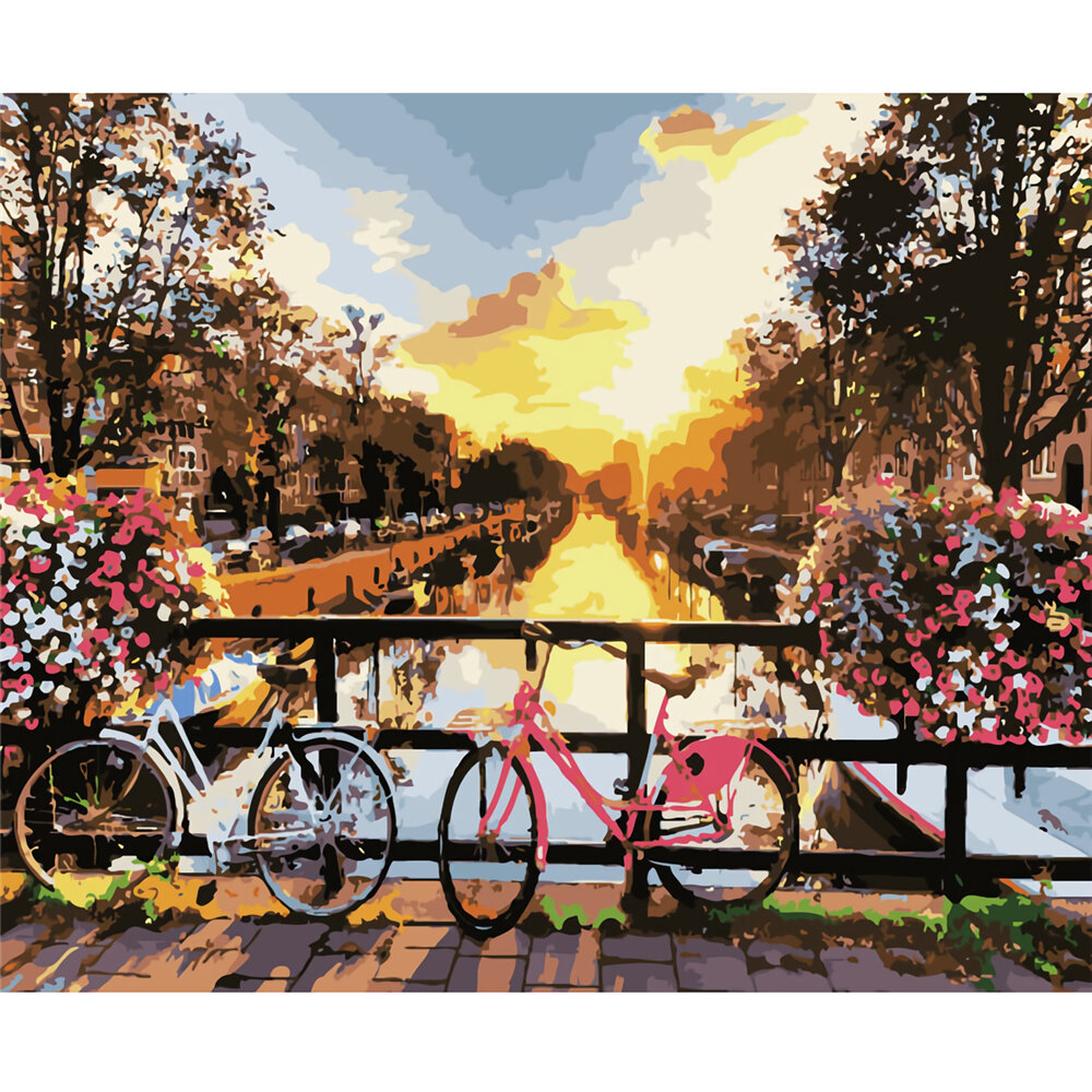 Verf op nummer Wall Art Beautiful Sunrise Flower Bike On The Bridge In Amsterdam Poster Living Room 