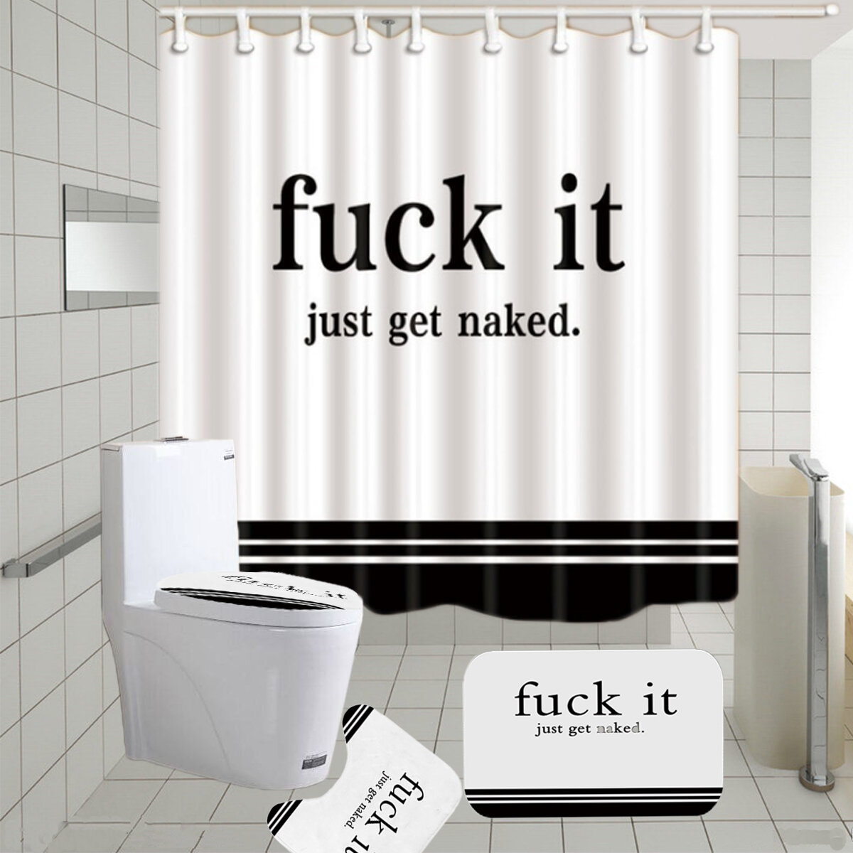 English Words Waterproof Bathroom Shower Curtain Non-slip Bath Toilet Seat Cover Set