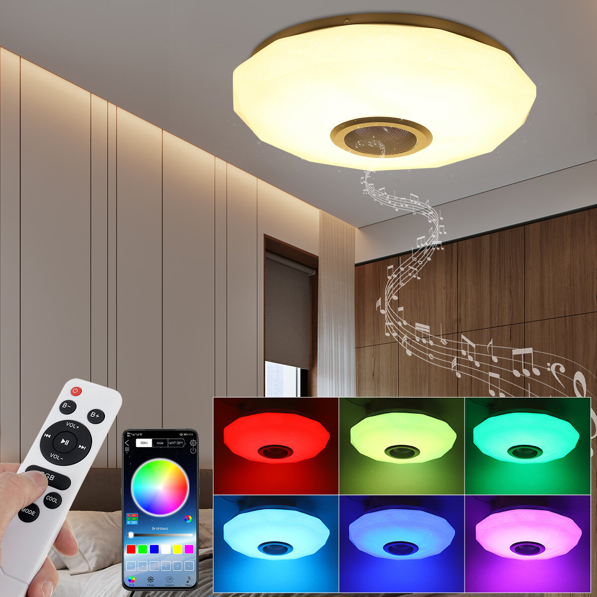 AC180-265V Moderne RGBW LED-plafondlamp Bluetooth-app Muziekluidsprekerlamp + afstandsbediening