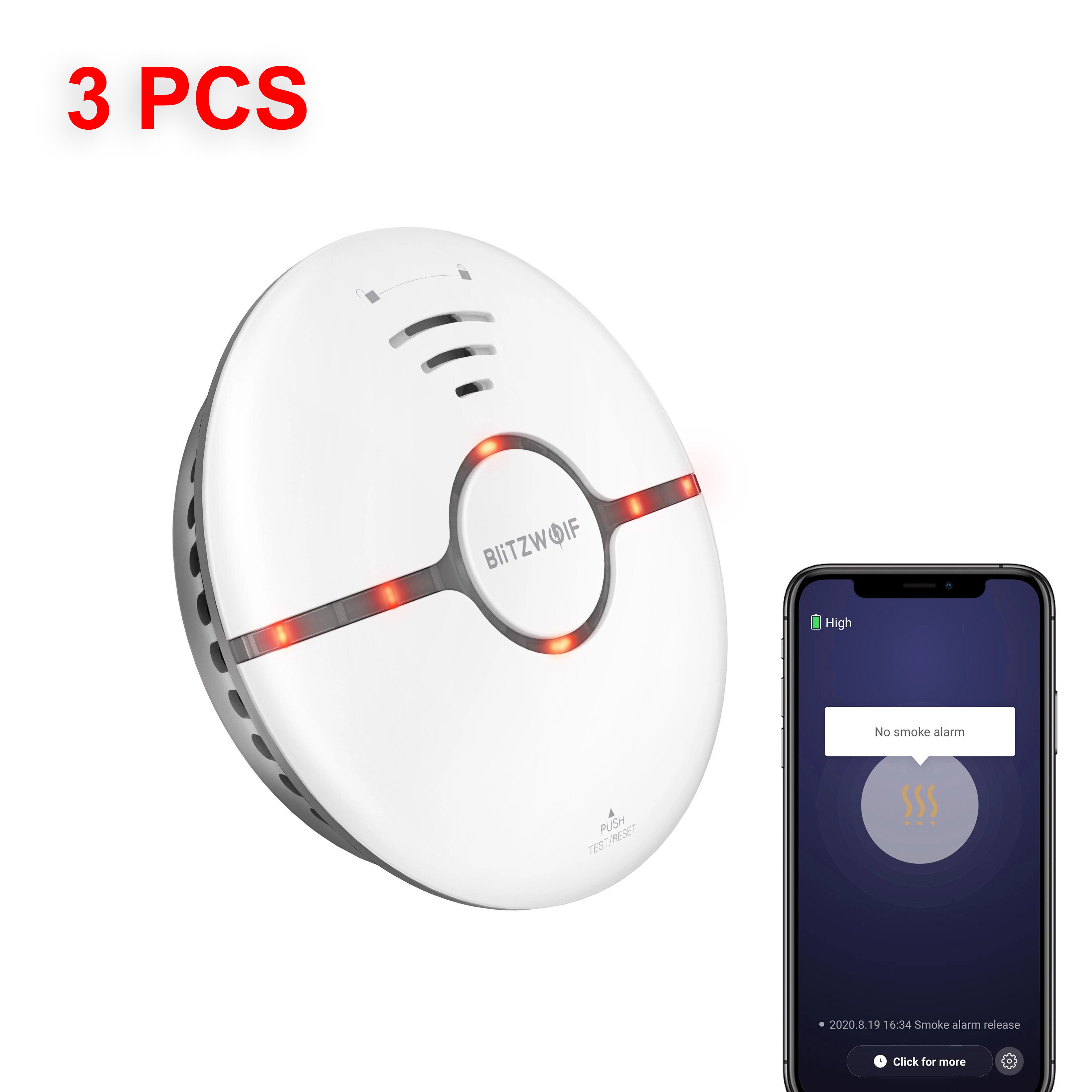 

[3 PCS] BlitzWolf® BW-IS7 WiFi Smoke Sensor LED Indicator 360° Sensing Fire APP Remote Alarm