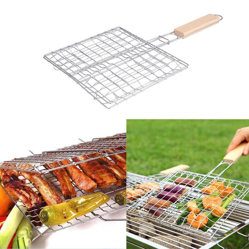 IPRee®  Iron Wire Barbecue Grilling Basket BBQ Net Wooden Handle Meat Fish Clip Holder