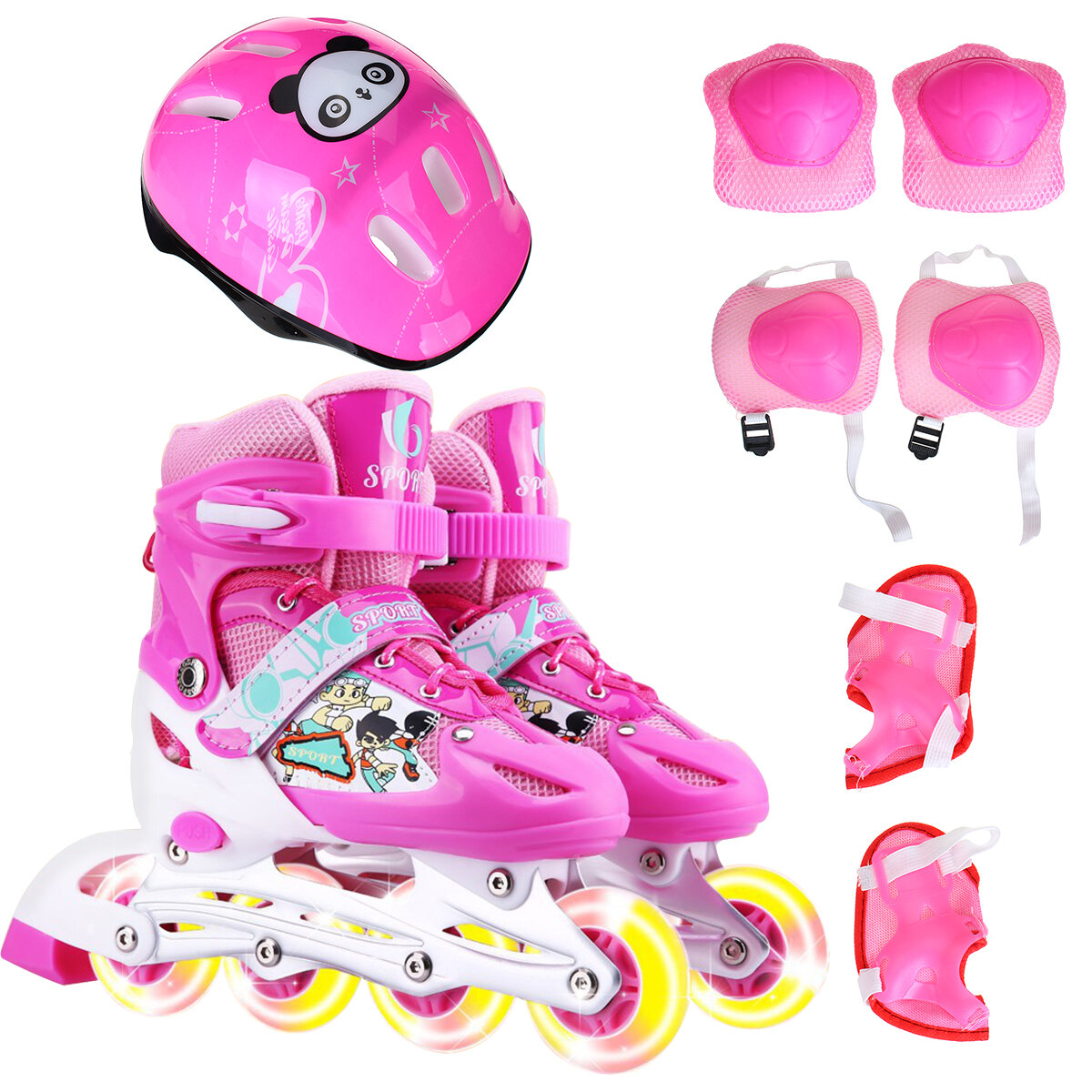 مجموعة أحذية تزلج مضمنة قابلة للتعديل بثلاثة أحجام مع LED عجلات وامضة آمنة بكرة ضوء بعجلات مضيئة للمبتدئين مع حماية للبا