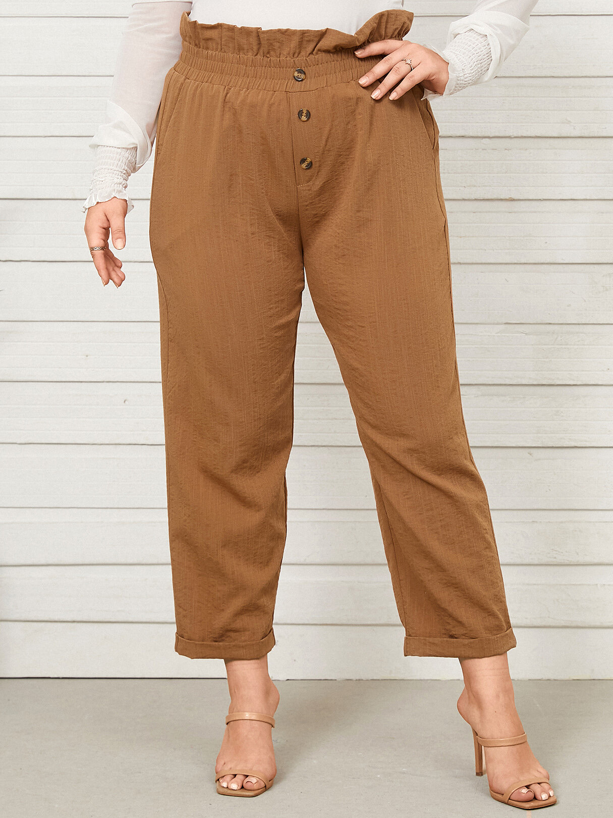

Plus Size Button Design Shirring Roll Pants