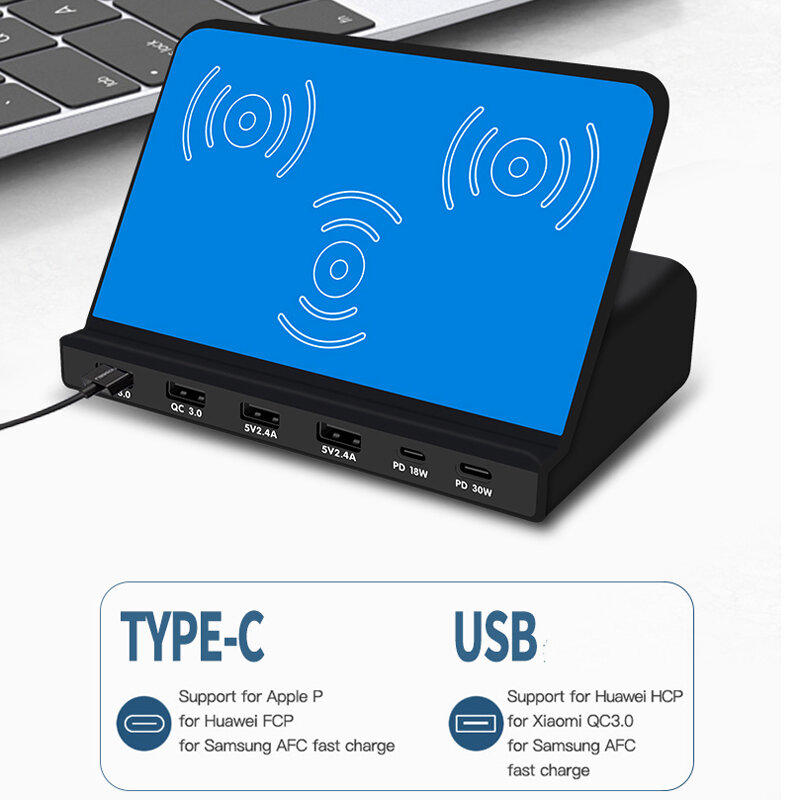 Bakeey 120W USB充電器デスクトップ充電ステーションデュアルPD3.0電力供給デュアルQC3.0急速充電3ワイヤレス充電器iPhone 11 SE 2020用SamsungギャラクシータブS7 Huawei P30 Pro iPad Pro 2020用