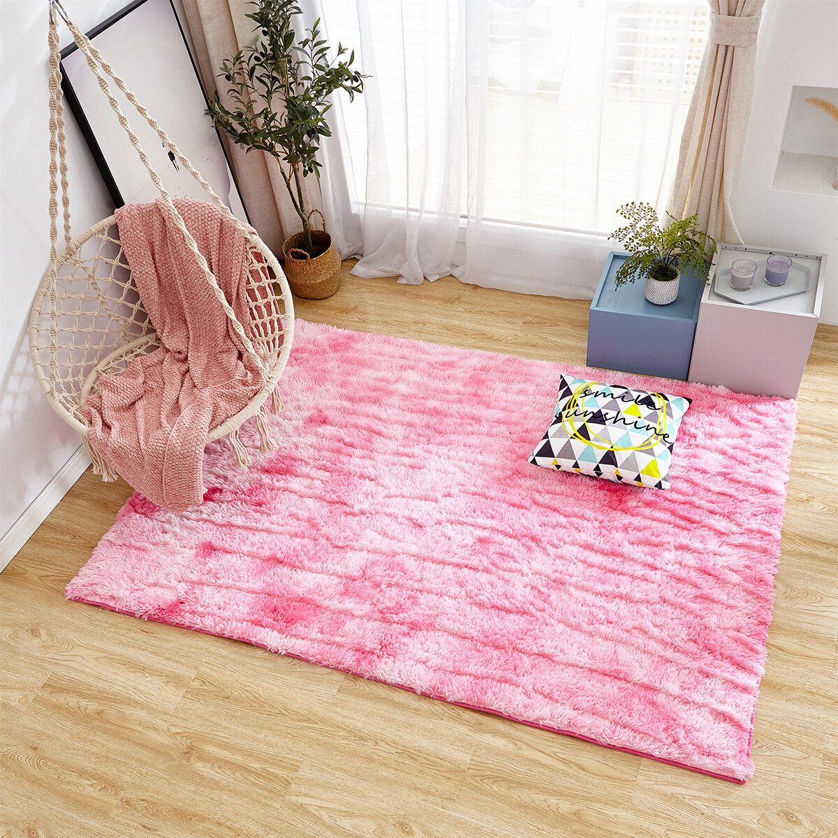 PV Velvet Pink Variegated Tie-dye Carpet Long Hair Gradient Floor Mat Eco-friendly Washable Anti-skid Bedside Carpet