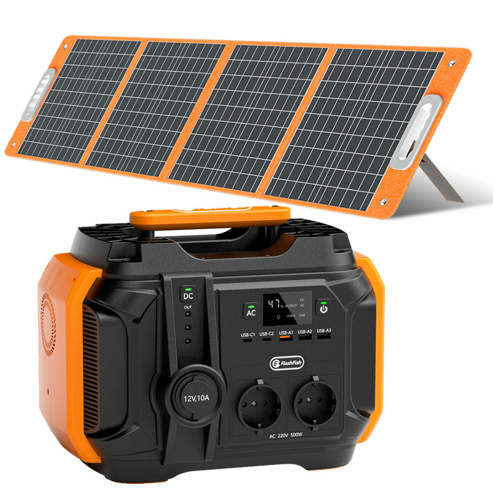 [EU Direct] FlashFish 500W Portable Estação de energia 540Wh Solar Generator Com 100W Foldable Painel solar Power Bateria Set for Outdoor Camping