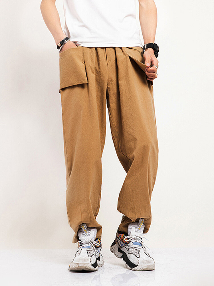 

Banggood Design Mens 100% Cotton Design Pocket Pleated Elastic Waist Solid Color Vintage Pants