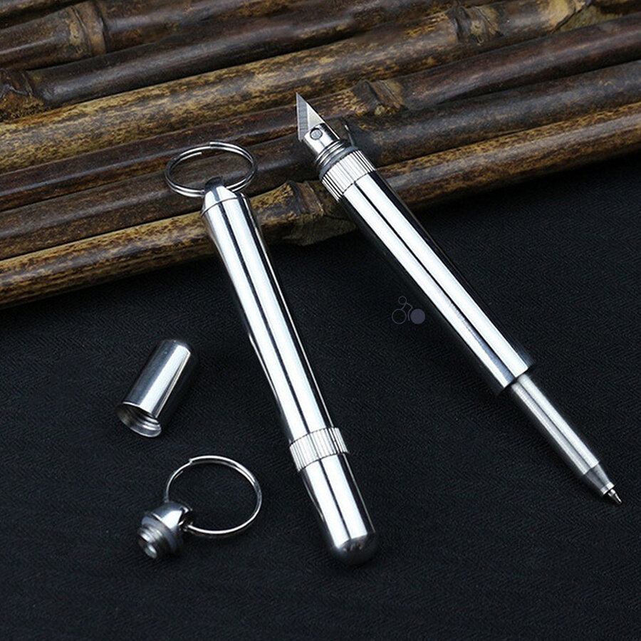 XANES® 2 em 1 de aço inoxidável EDC chaveiro faca + caneta esferográfica Mini chaveiro multiferramentas Caneta telescópica Presentes para homem