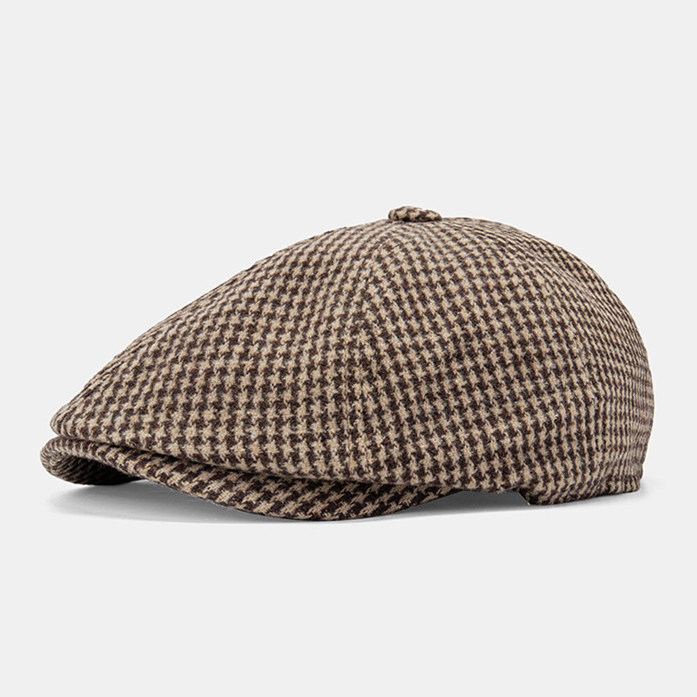 Mannen katoen Dacron Houndstooth patroon korte rand baret platte pet Britse retro achthoekige hoed
