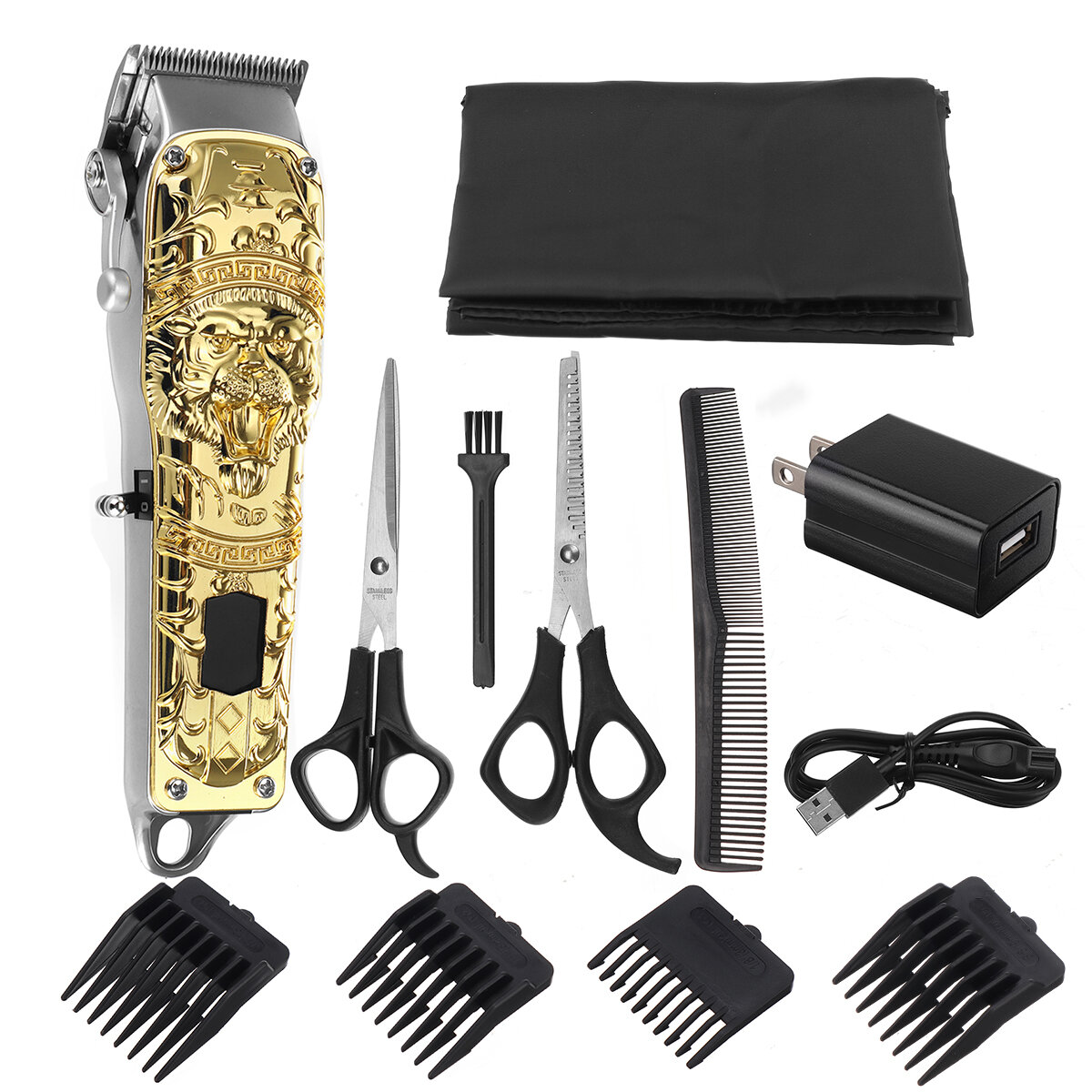 0.1-3mm Men's Electric Hair Clipper Set Beard Trimmer Cordless Rechargeable Hair Cutter Scissors W/ 4pcs Limit Combs