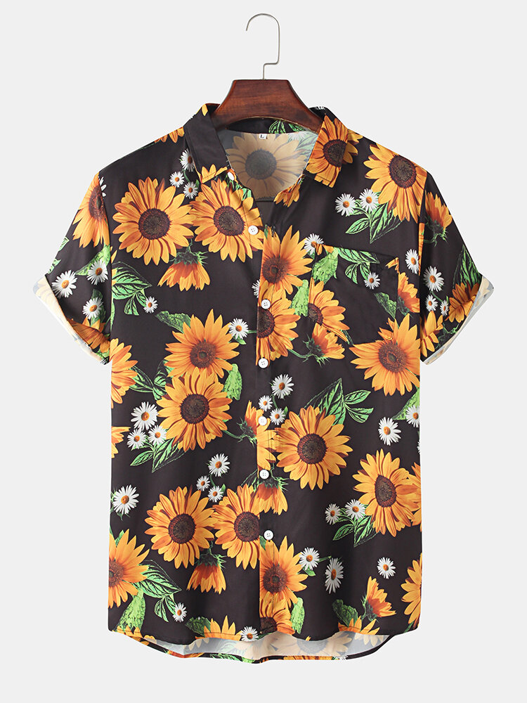 Heren overhemd met korte mouwen, zonnebloem en madeliefjes, print revers