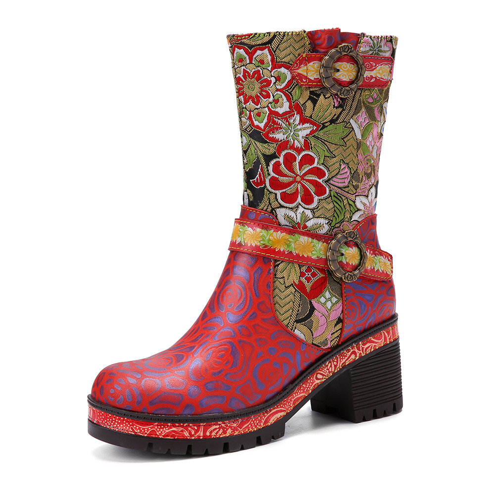 Socofy Women Retro Floral Printing Leather Soft Comfy Chunky Heels Mid-calf Boots