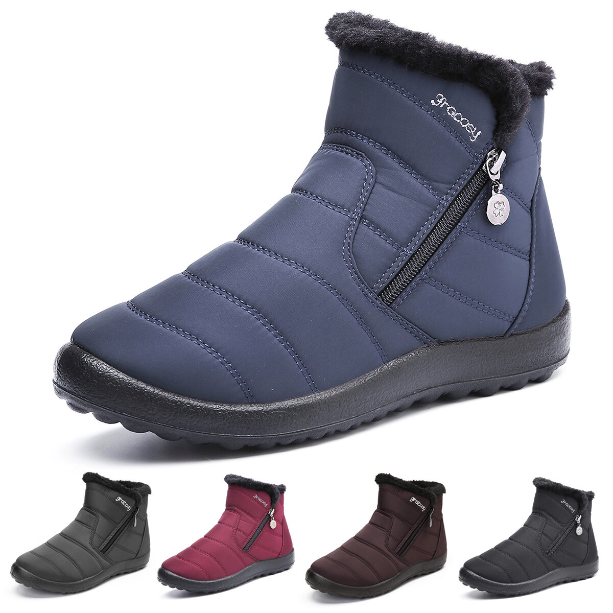 グラコシーの暖かいスノーブーツ、女性用の冬用ブーツ、防滑防水、ファー裏地、アウトドアシューズ。