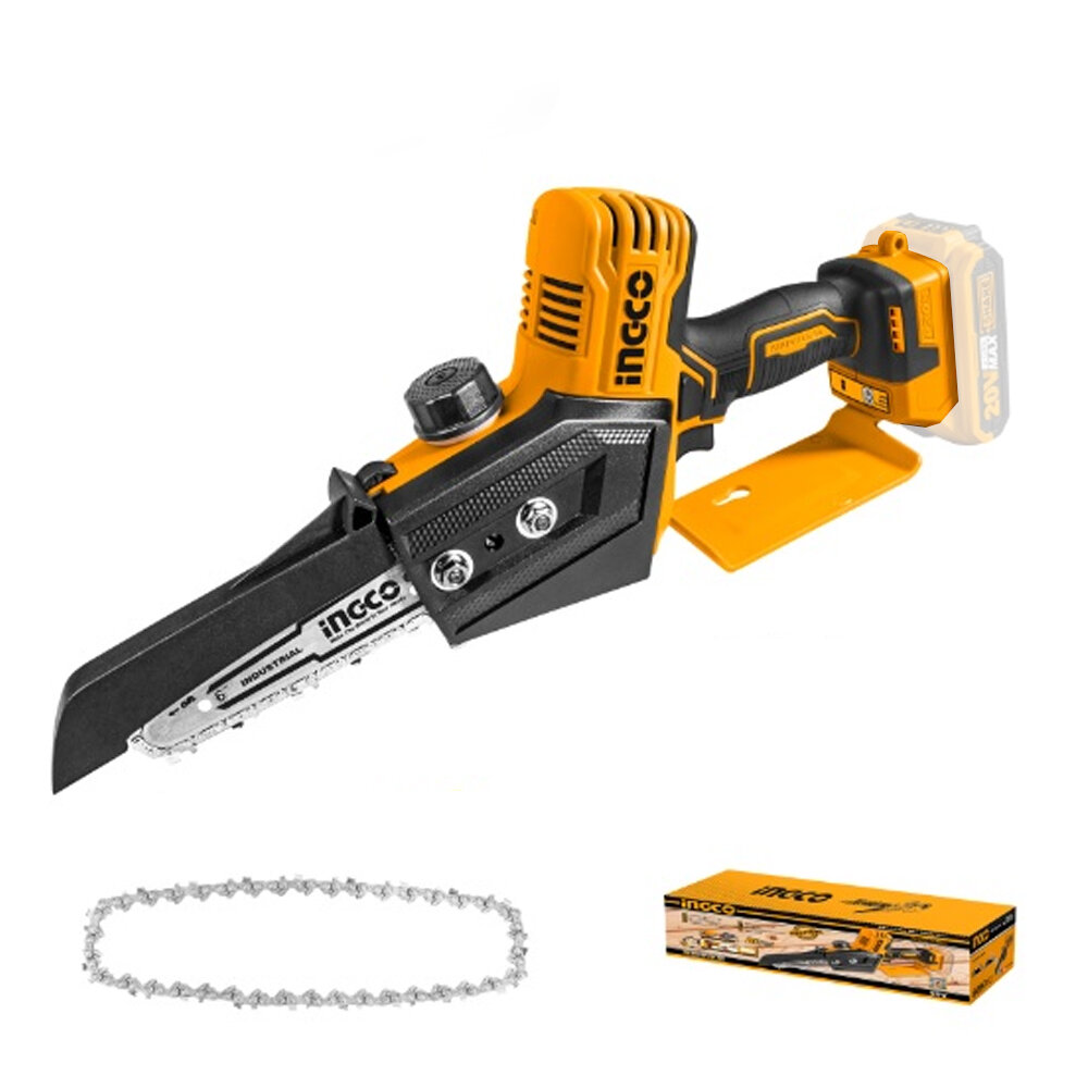INGCO 20V Li-Ion Brushless Mini Chain Saw 6 Inch One-Hand for Wood Cutting (Body Only)