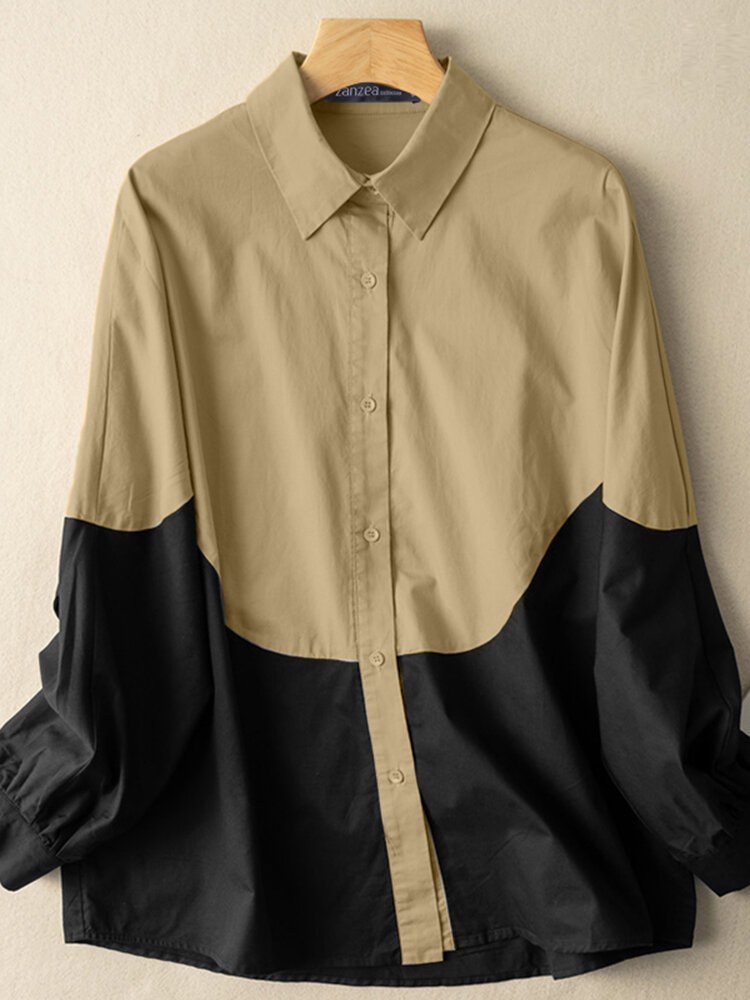 Contrast Long Sleeve Button Front Lapel Shirt