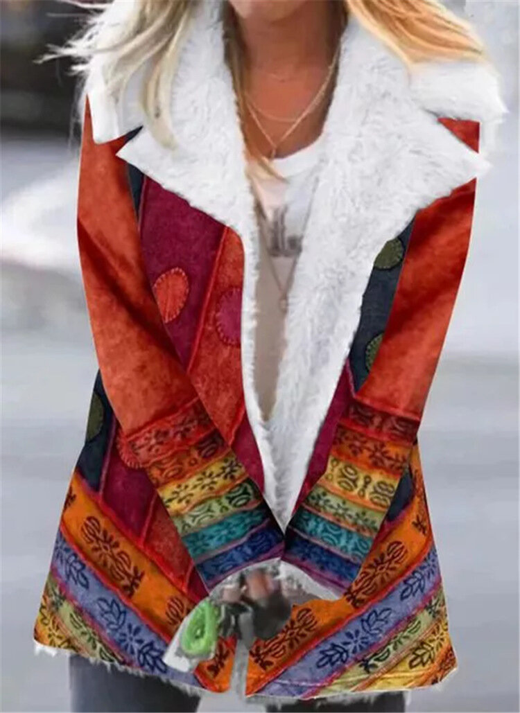

Women Ethnic Print Lapel Fleece Lined Thick Casual Coat