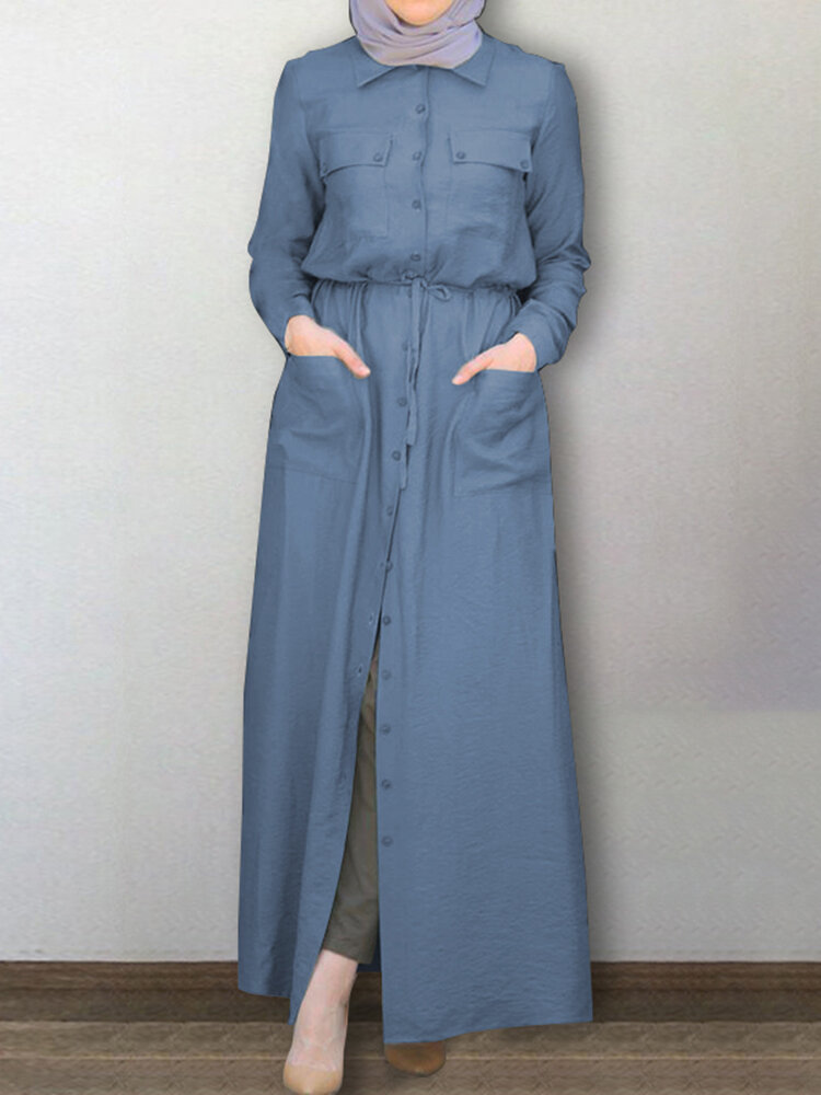 Women Kaftan Solid Color Lapel Front Pockets Tooling Maxi Dresses