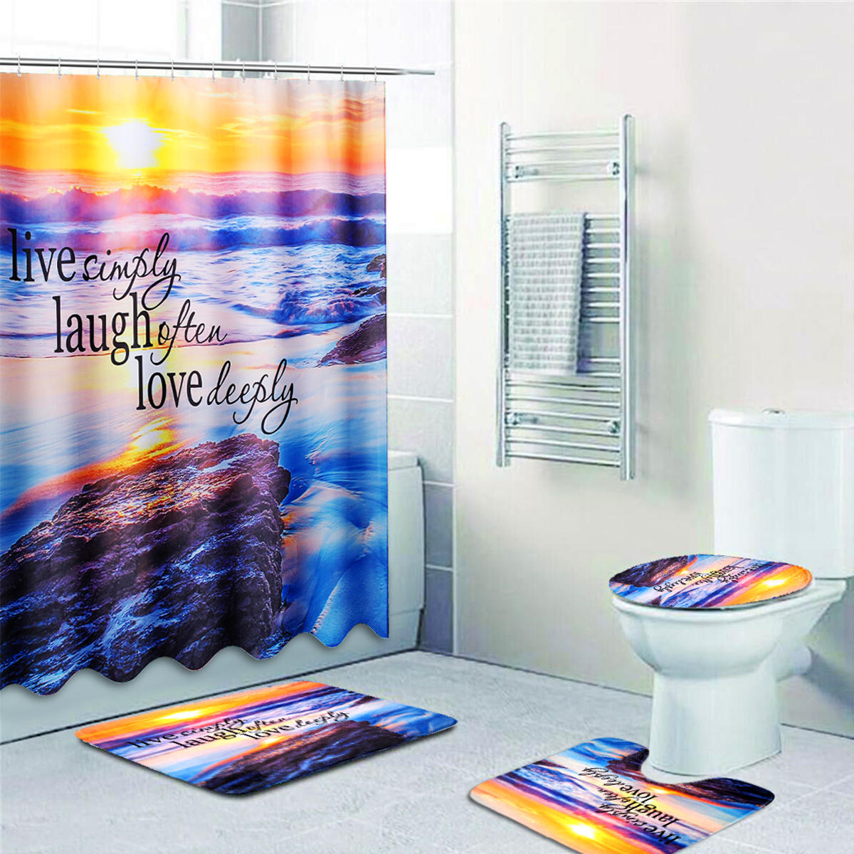 Sandy Beach Waterproof Badkamer Douchegordijn Toilet Cover Mat Antislip Tapijt Set