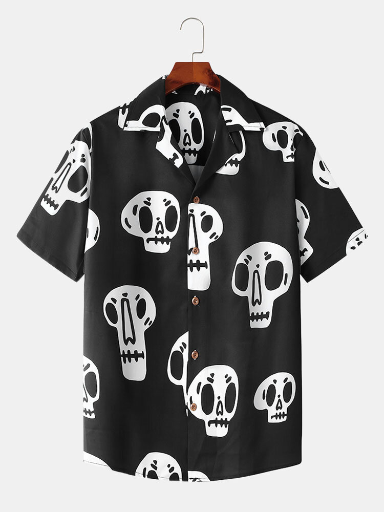 Heren overhemd met korte mouwen en skeletprint Revere-kraag