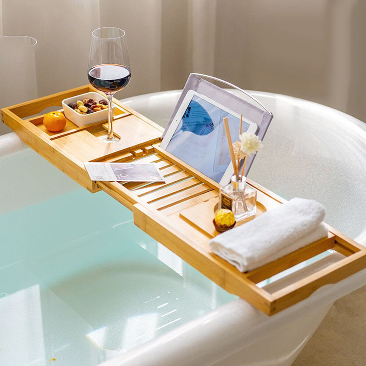 Luxury Adjustable Bathtub Rack Bamboo Caddy Shelf Shower Tub Tray Towel Mobile Phone Tablet Holder S