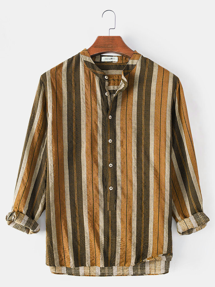 

Mens Cotton Stripe Polka Dot Long Sleeve Half Open Button Casual Henley Shirts