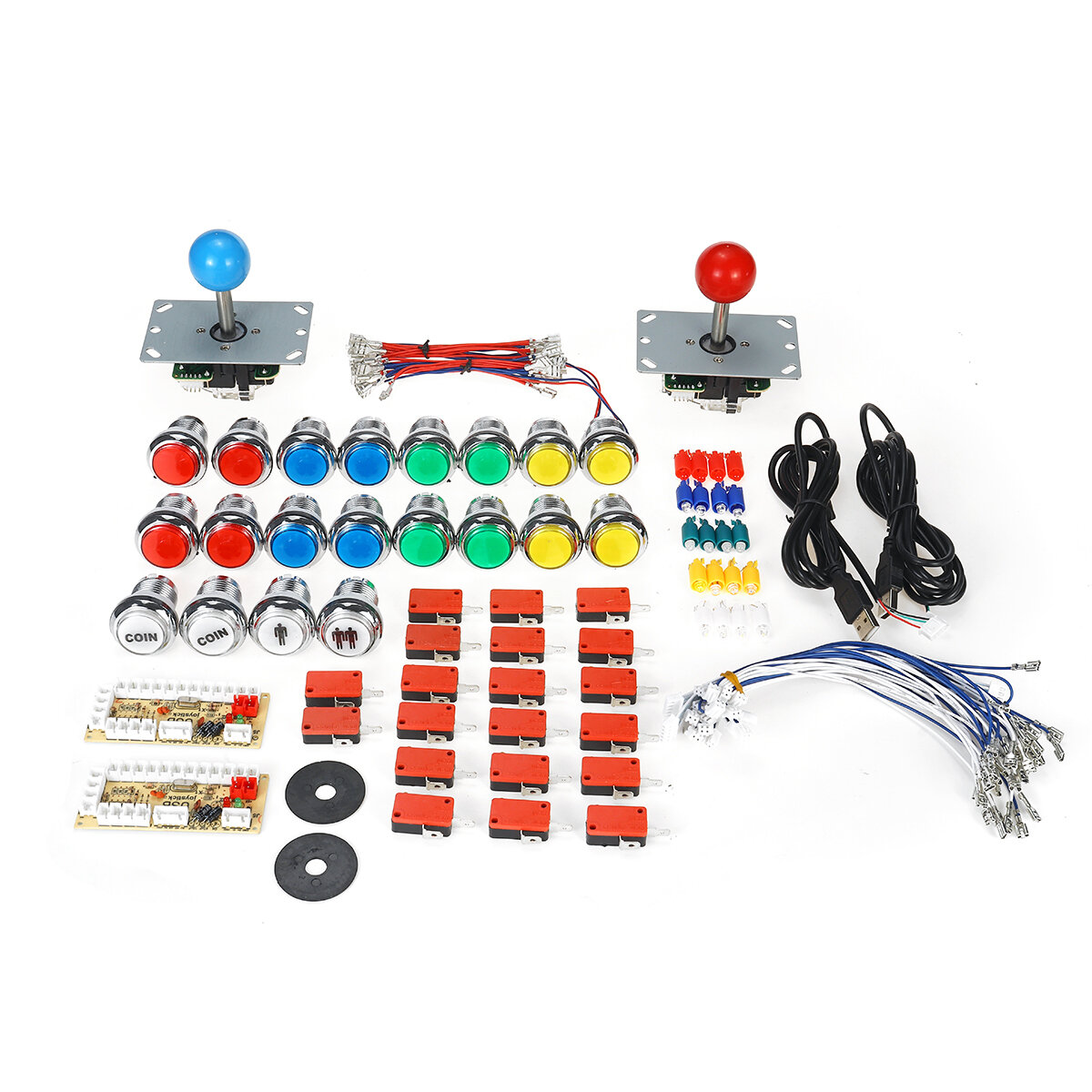 50pcs diy arcade joystick kit usb chip board 32mm led buttons 5pin joystick plating button usb cable